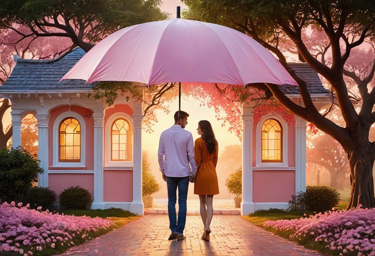 A warm and inviting scene of a couple holding hands, surrounded by symbols of love and security like a heart-shaped lock, a house, and an umbrella. In the background, a tree of life signifies growth and stability, bathed in soft sunset hues. Floating around them are floating hearts that represent strong connections and affection. This image should feel nurturing and optimistic, emphasizing the themes of love and security. super-realistic. vibrant colors. soft focus.