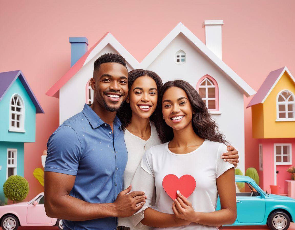 A diverse couple standing together with a heart-shaped insurance policy in hand, surrounded by playful icons of houses, cars, and health symbols, symbolizing the essence of love and protection. The background is filled with soft pastel colors, creating a warm and inviting atmosphere that represents partnership and trust. Illustrated in a modern, friendly style. vibrant colors. white background.